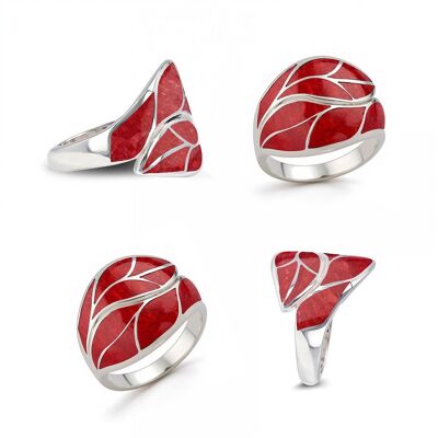 Anello in corallo rosso in argento 925 con grafica realizzata a mano - 17mm
