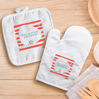 Kitchen kit – “Thank you for helping me grow” – teacher gift, childcare worker – atsem – White & silver glove + potholder – End of school year gift