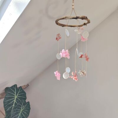 Mother-of-pearl and hydrangea mobile - Soft pink / Powder pink / Cream - Dried flowers - Small