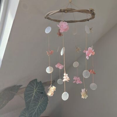 Mother-of-pearl and hydrangea mobile - Soft pink / Powder pink / Cream - Dried flowers - Medium