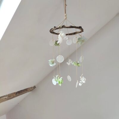 Mother-of-pearl and hydrangea mobile - Green / Water green / Cream - Dried flowers - Small