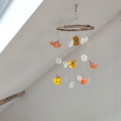 Mother-of-pearl and hydrangea mobile - Orange / Saffron / White - Dried flowers - Small
