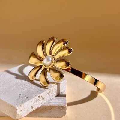 Bracelet Jonc Fleur Dorée avec Perle – Acier Inoxydable