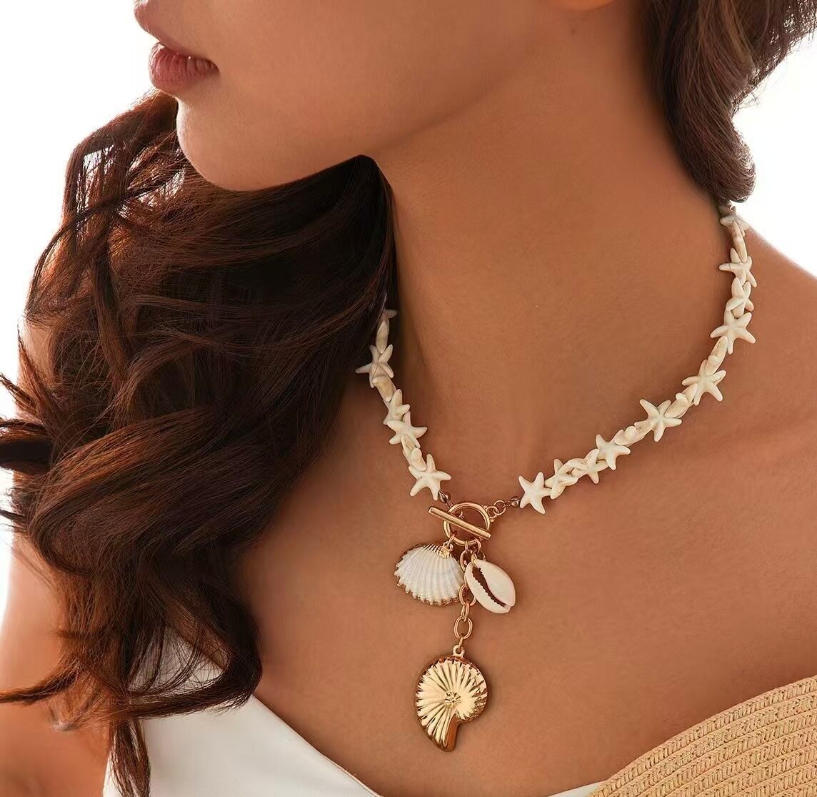 White Starfish and Sea Snail Shell Necklace