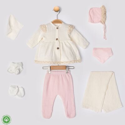 Baby Girl 8-Piece Muslin Lace Outfit Set – 0-3 Months