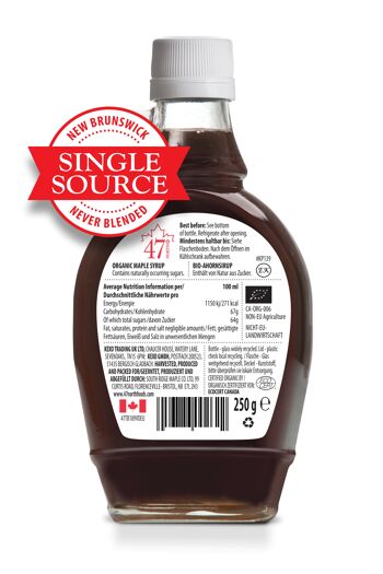 Sirop d'érable biologique TRÈS FONCÉ DE SOURCE UNIQUE Canada Grade A, fort-250g 2