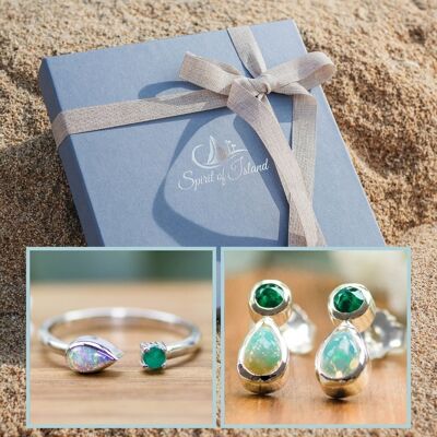 Conjunto de ópalo y esmeralda | Anillo y pendientes