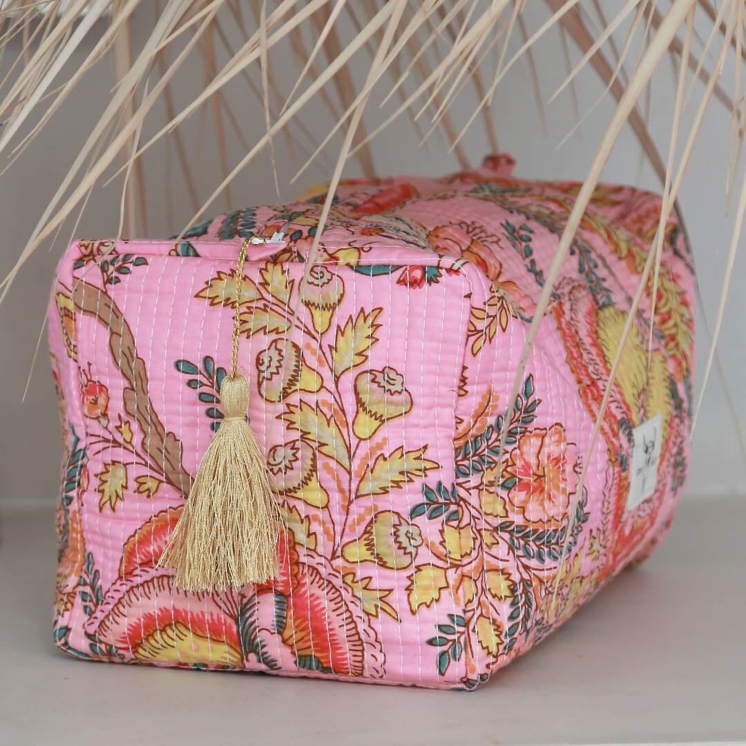 Trousse de toilette Blockprint Fez fleur rose or L