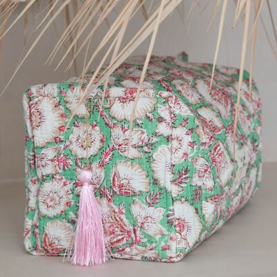 Blockprint toiletry bag Fez mint flower pink L