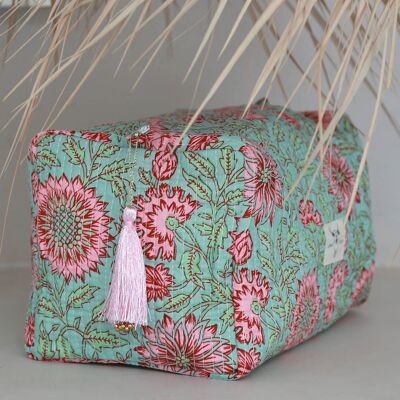 Blockprint toiletry bag Fez sea green pink L