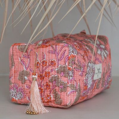 Blockprint toiletry bag Fez coral lilac flower M