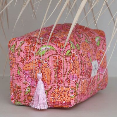 Blockprint toiletry bag Fez pink orange flower M