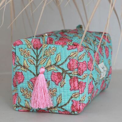 Blockprint toiletry bag Fez turquoise flower pink M