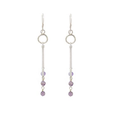 Silver hoop earrings, adorned with chains and amethyst beads