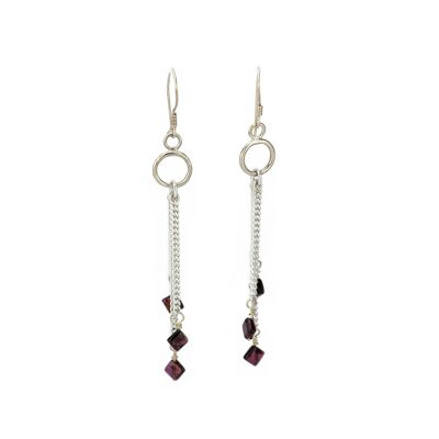 Silver hoop earrings, decorated with chains and garnets