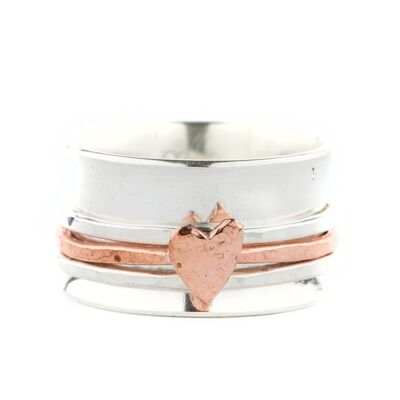 Silver Rotating Ring with 3 Silver & Copper Rings and a Small Heart