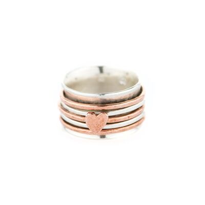 Silver Rotating Ring with 5 Silver & Copper Rings and a Small Heart