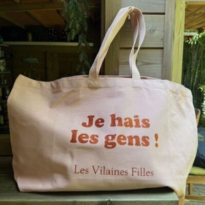 XXL cotton bag "I hate people" in peach color