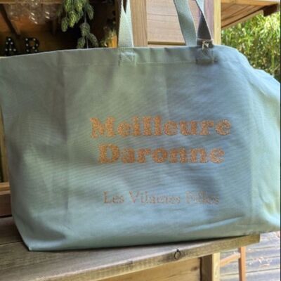 Sac XXL en coton "Meilleure daronne" coloris Céladon
