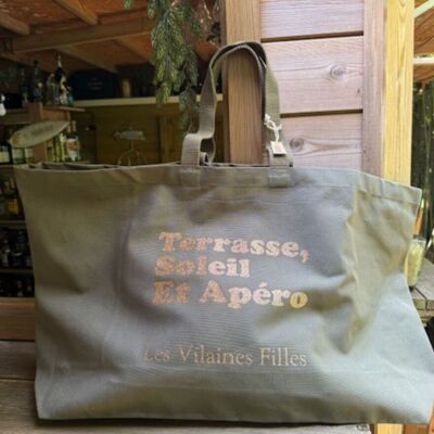 XXL cotton bag "Terrace, sun, Apéro" in khaki color