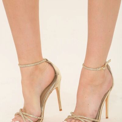 GOLD CROSSOVER DIAMANTES STRAPPY STILETTO HIGH HEELS (PACK OF 12 PAIRS UK3-UK8)