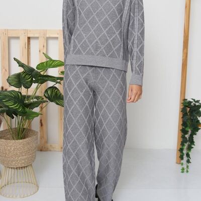 Diamond Knit Set – Round Neck Sweater & Wide Leg Pants