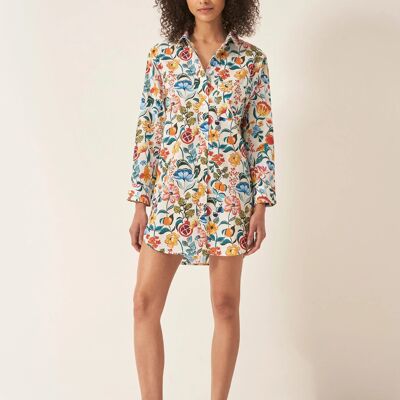 Chemise de nuit en coton bio pour femme, motif floral sur fond blanc