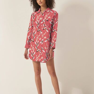 Camisón de algodón orgánico para mujer con grulla japonesa sobre coral