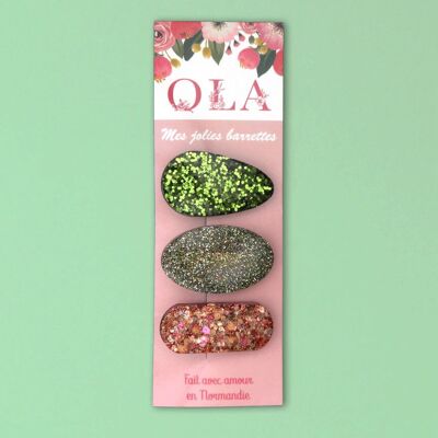 Trio di piccole mollette per capelli • Verde fogliame classico