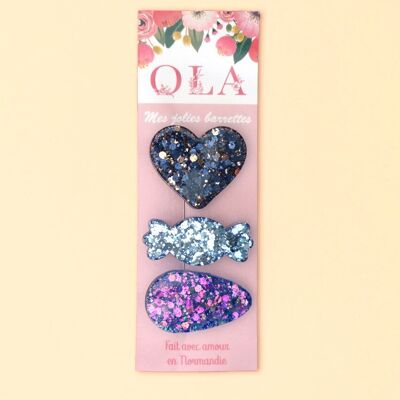 Trio of small hair clips • Twilight Blue Heart