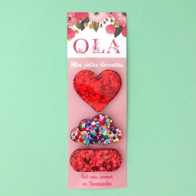 Trio of small hair clips • Red confetti heart