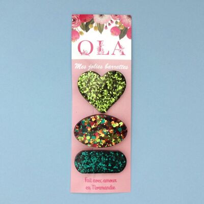 Trio di piccole mollette per capelli • Cuore verde fogliame