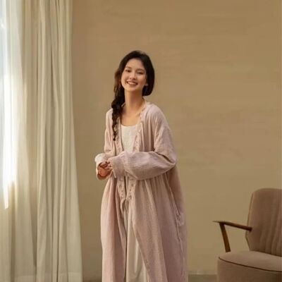 Ensemble de vêtements d'intérieur 100 % coton, robe et peignoir – gaze brodée