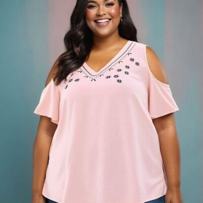 Plus size coral blouse with embroidery (A963&CORAIL)