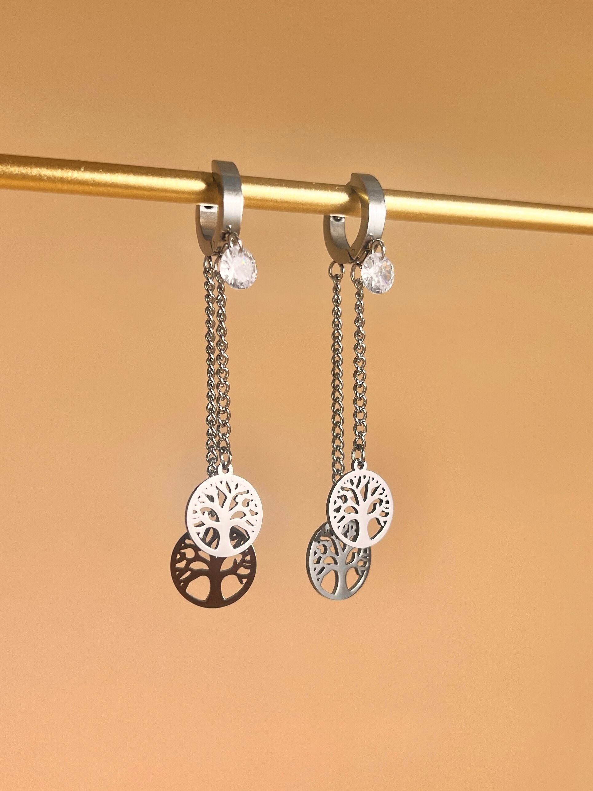 Boucle d'oreille arbre de vie pendante en acier inoxydable