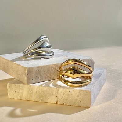Bague triple rang réglable design moderne et épuré en acier