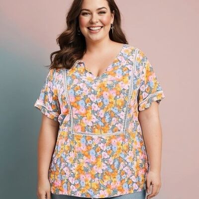 Plus size yellow floral print top (C6371&YELLOW)