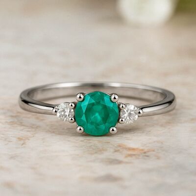 Anello con smeraldo e diamanti | Oro bianco 585