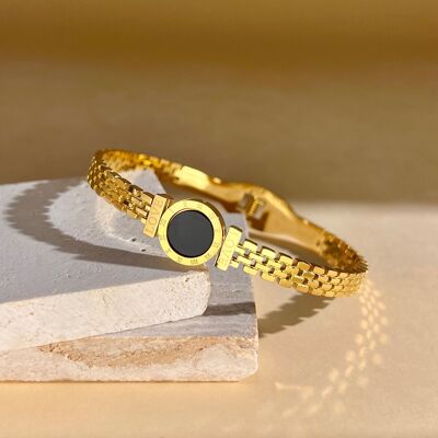 Bracciale rigido in acciaio inossidabile placcato oro con medaglione rotondo nero