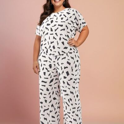 Conjunto de top y pantalón blanco estampado de talla grande (C6198&BLANC)