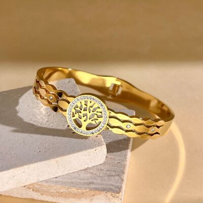 Bracelet jonc rigide arbre de vie strassé – acier inoxydable
