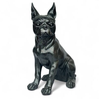 Large 32cm Sitting Boston Terrier Dog Figurine, Black with Silver Sparkle Finish