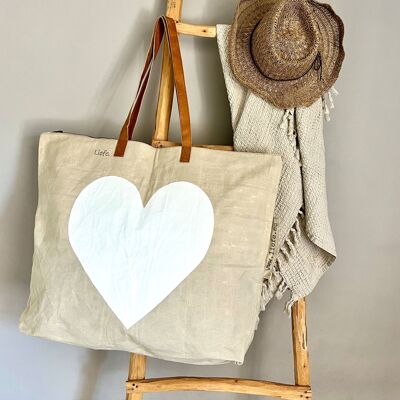 XL-Bag heart white (vintage light canvas) handpainted NEW