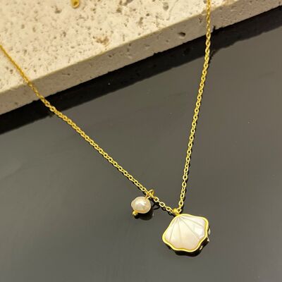 Stainless Steel Mother of Pearl Shell Pendant Necklace