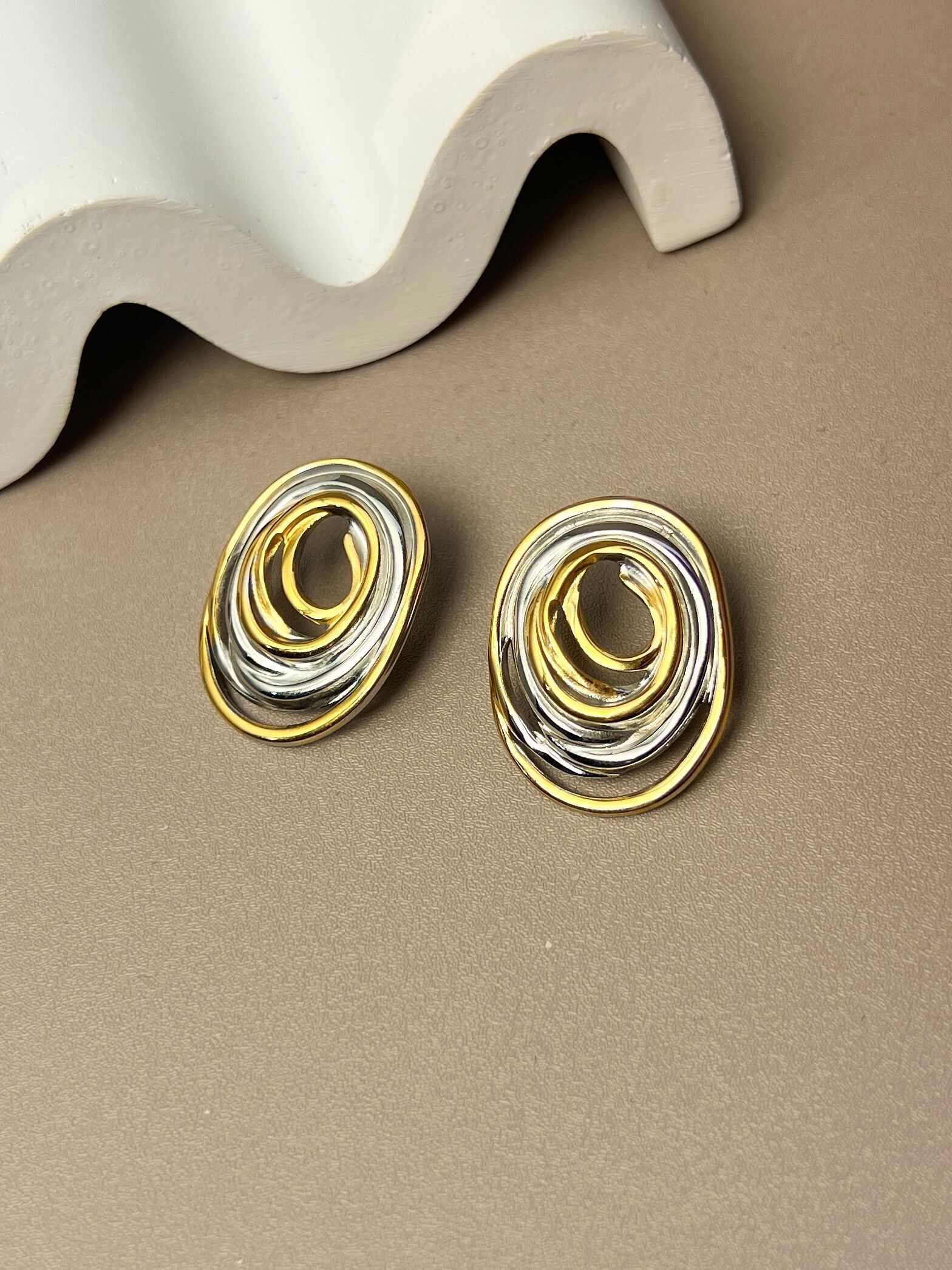 Two-tone Oval Stainless Steel Earrings