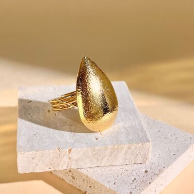 Women's gold drop ring with textured matte stainless steel effect
