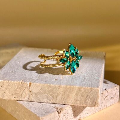Green flower crystal ring gold stainless steel