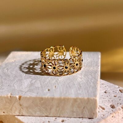 Openwork black rhinestone ring in gold stainless steel