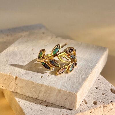 Bague feuille pétales en nacre multicolore acier inoxydable