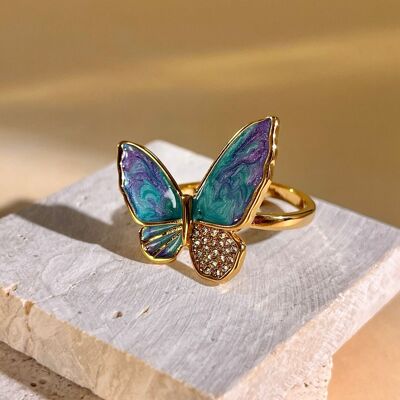 Bague papillon turquoise et multicolore strass en acier
